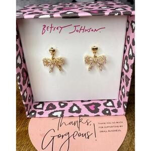 Betsey Johnson Gold Crystal Bow Stud Earrings Heart Post NIB